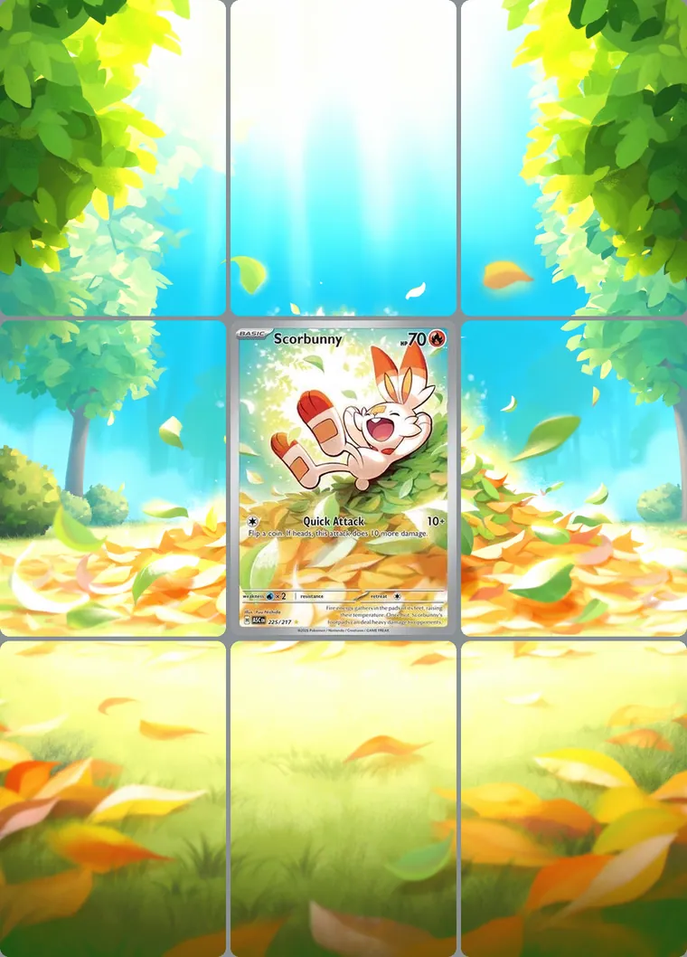 Scorbunny 225/217 extended binder art: the card in the centre of a 3×3 binder page, its artwork continuing across the eight cards around it