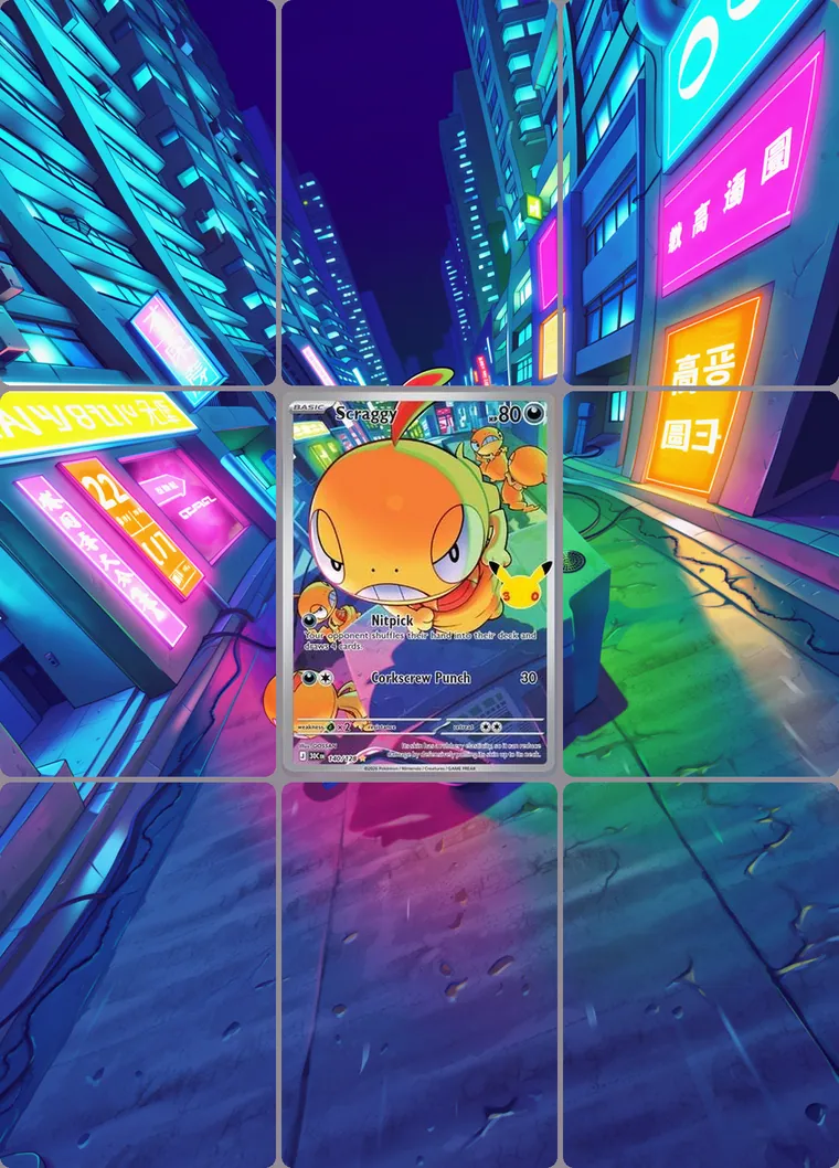 Scraggy 140/128 extended binder art: the card in the centre of a 3×3 binder page, its artwork continuing across the eight cards around it