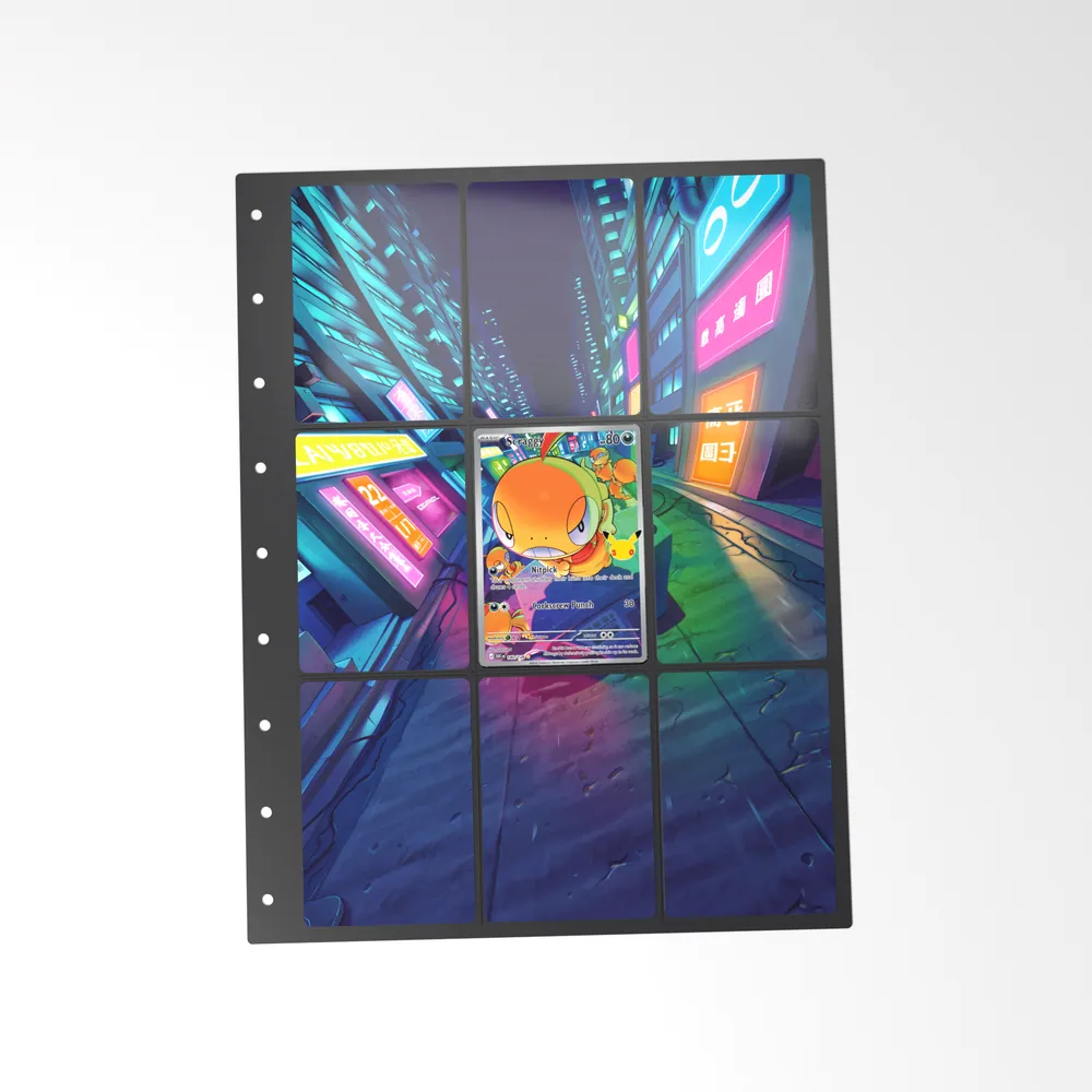 The printed Scraggy 140/128 set in a 9-pocket binder page, with the card in the centre pocket