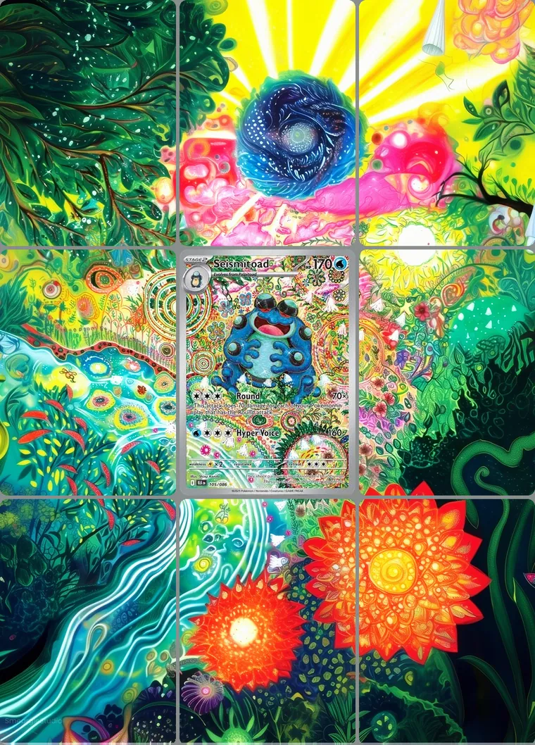 Seismitoad 105/086 extended binder art: the card in the centre of a 3×3 binder page, its artwork continuing across the eight cards around it