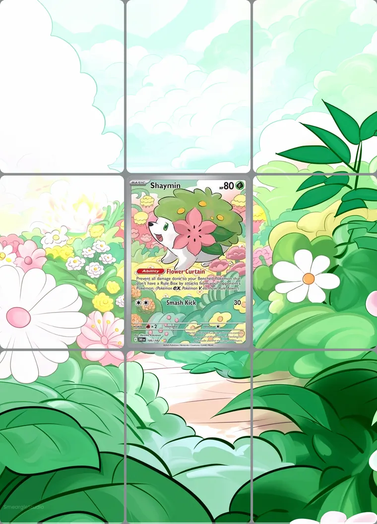 Shaymin 185/182 extended binder art: the card in the centre of a 3×3 binder page, its artwork continuing across the eight cards around it
