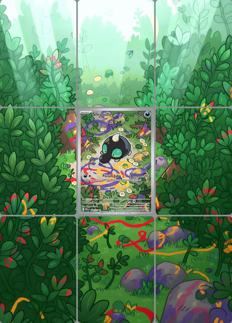 Shroodle 149 extended binder art: the card in the centre of a 3×3 binder page, its artwork continuing across the eight cards around it