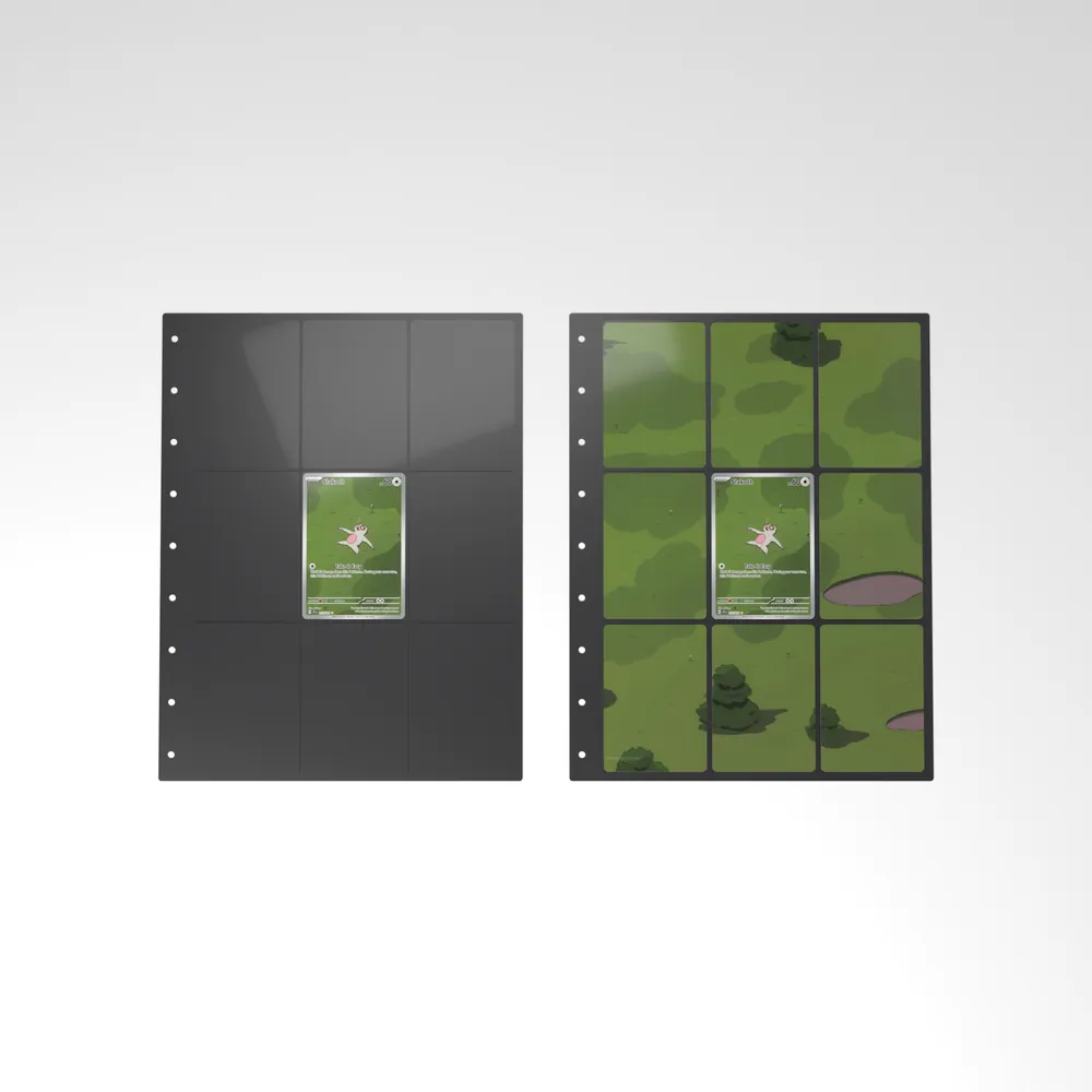 Before and after: the Slakoth card alone in an empty binder page, then surrounded by its eight extended-art cards