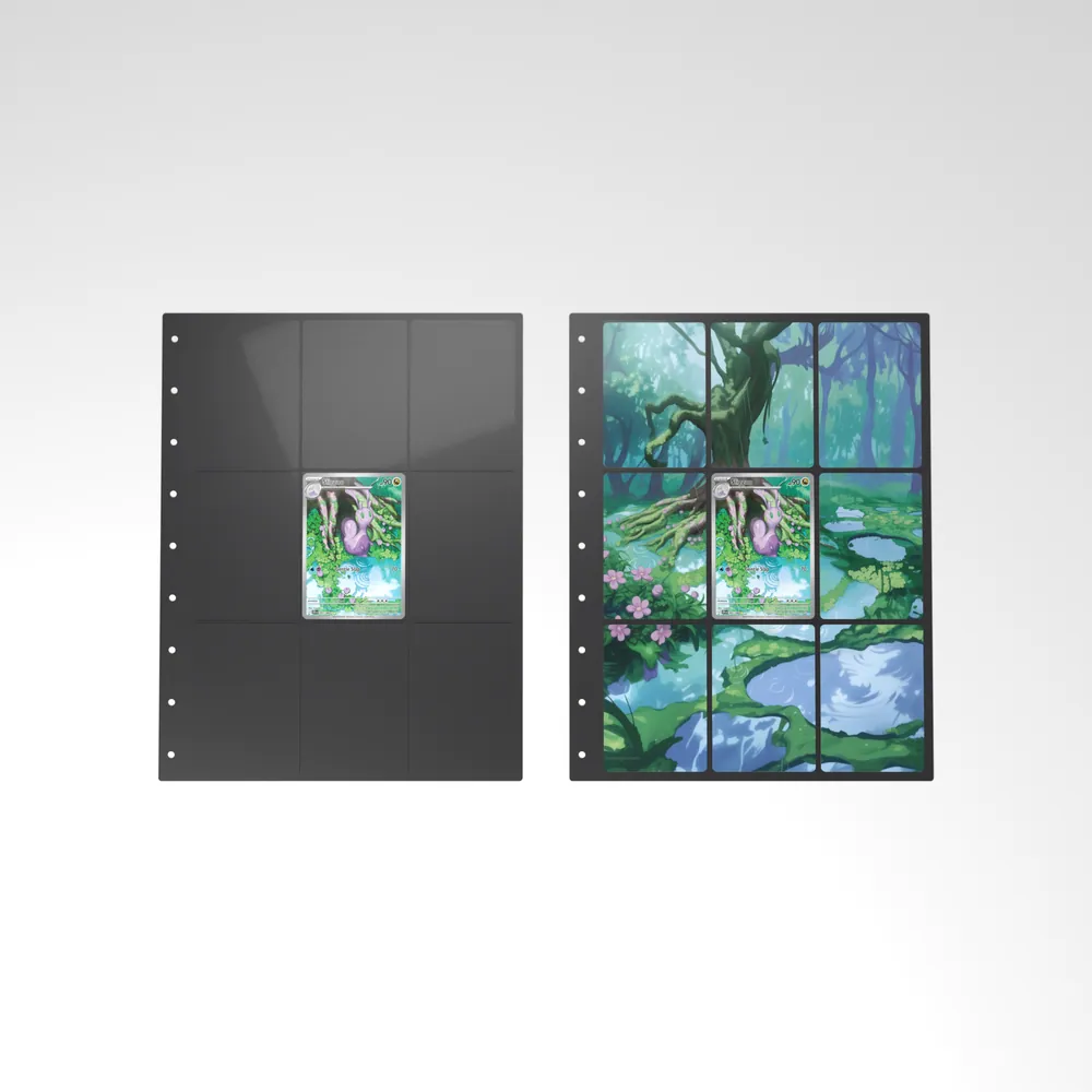 Before and after: the Sliggoo card alone in an empty binder page, then surrounded by its eight extended-art cards