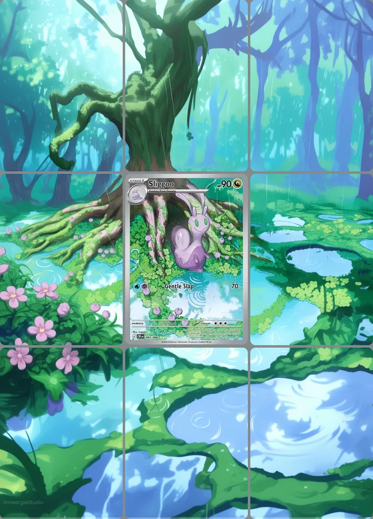 Sliggoo 95/86 extended binder art: the card in the centre of a 3×3 binder page, its artwork continuing across the eight cards around it