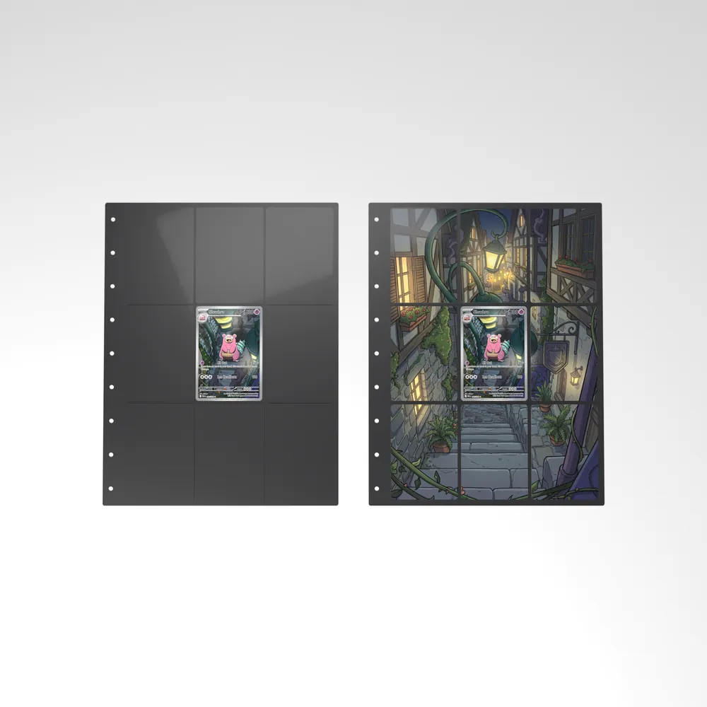 Before and after: the Slowbro card alone in an empty binder page, then surrounded by its eight extended-art cards