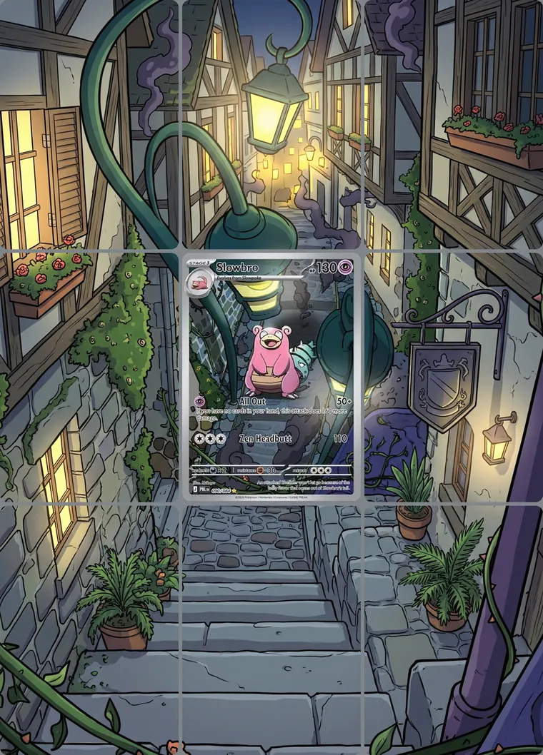 Slowbro 90/84 extended binder art: the card in the centre of a 3×3 binder page, its artwork continuing across the eight cards around it