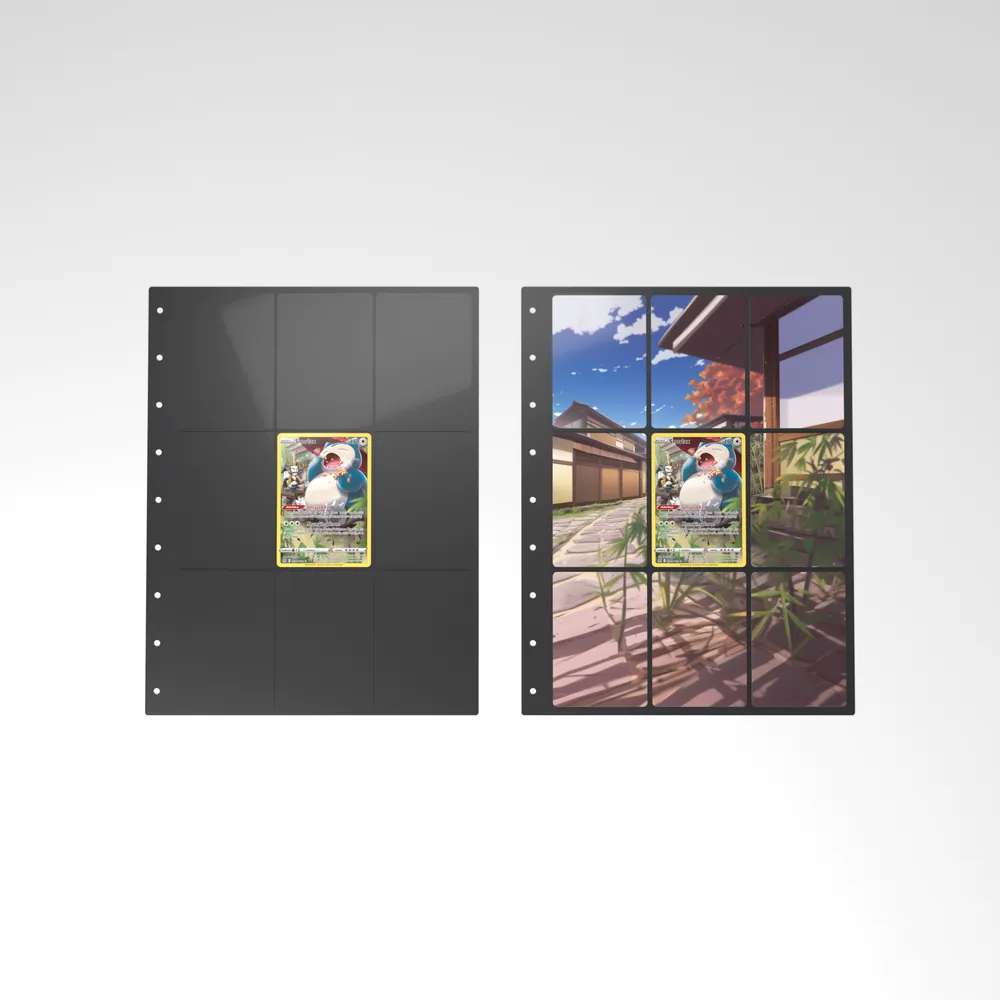 Before and after: the Snorlax card alone in an empty binder page, then surrounded by its eight extended-art cards