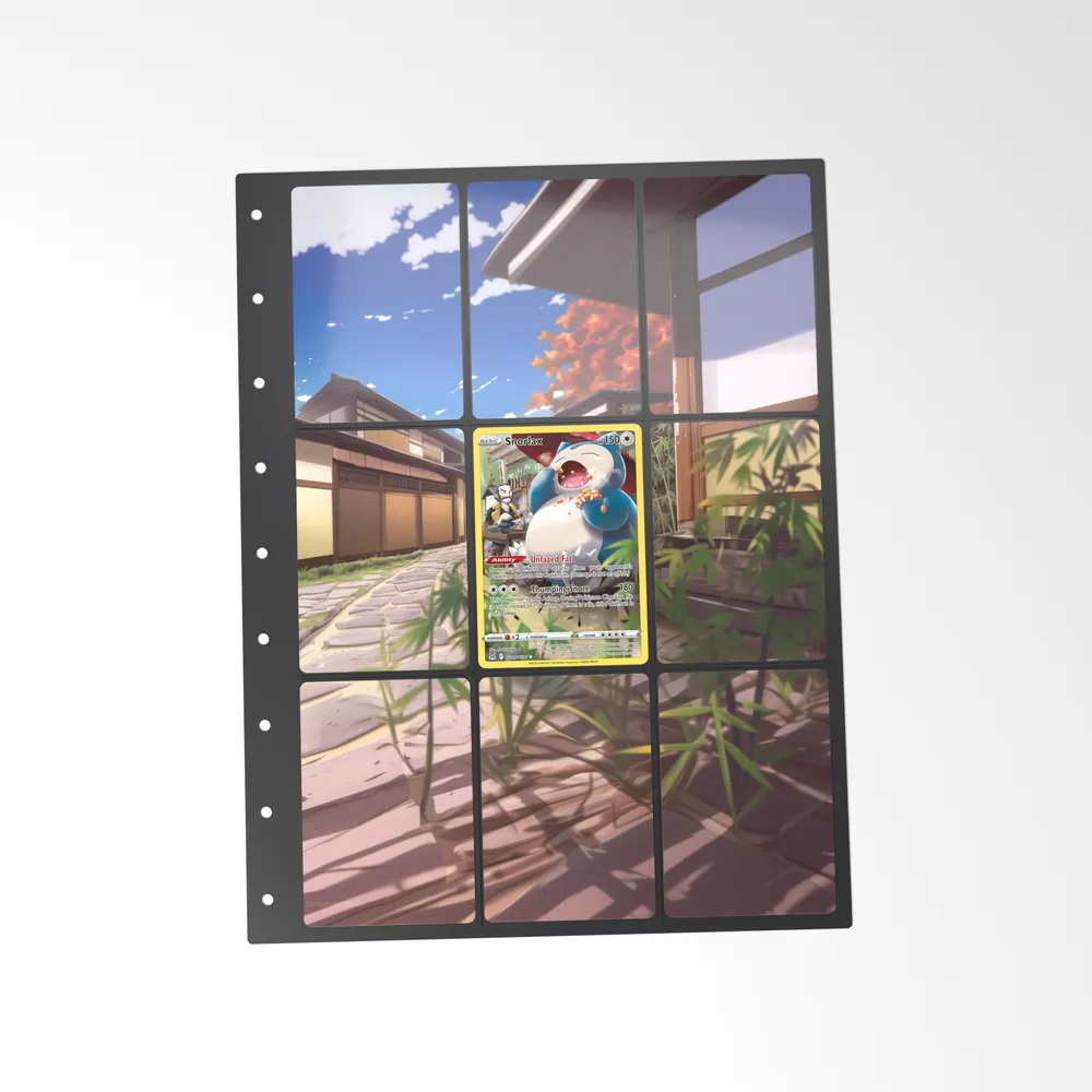 The printed Snorlax TG10/TG30 set in a 9-pocket binder page, with the card in the centre pocket