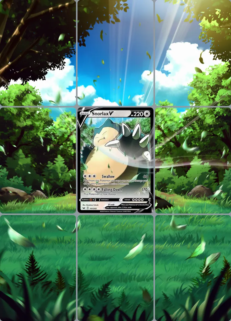 Snorlax V 141/202 extended binder art: the card in the centre of a 3×3 binder page, its artwork continuing across the eight cards around it