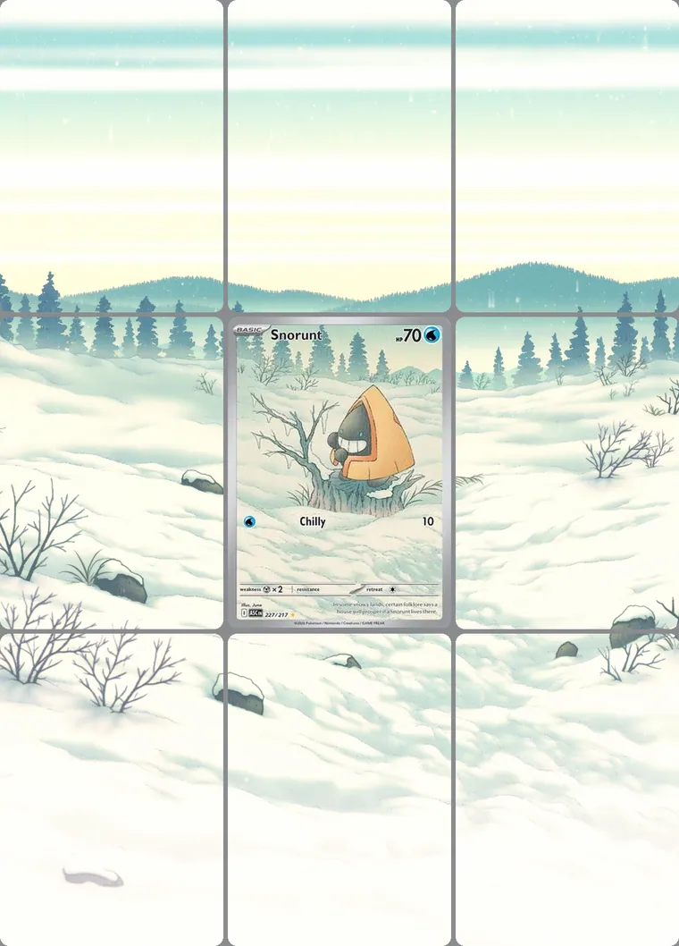 Snorunt 227/217 extended binder art: the card in the centre of a 3×3 binder page, its artwork continuing across the eight cards around it