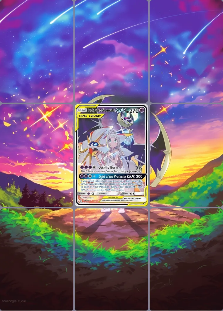 Solgaleo & Lunala GX 216/236 extended binder art: the card in the centre of a 3×3 binder page, its artwork continuing across the eight cards around it