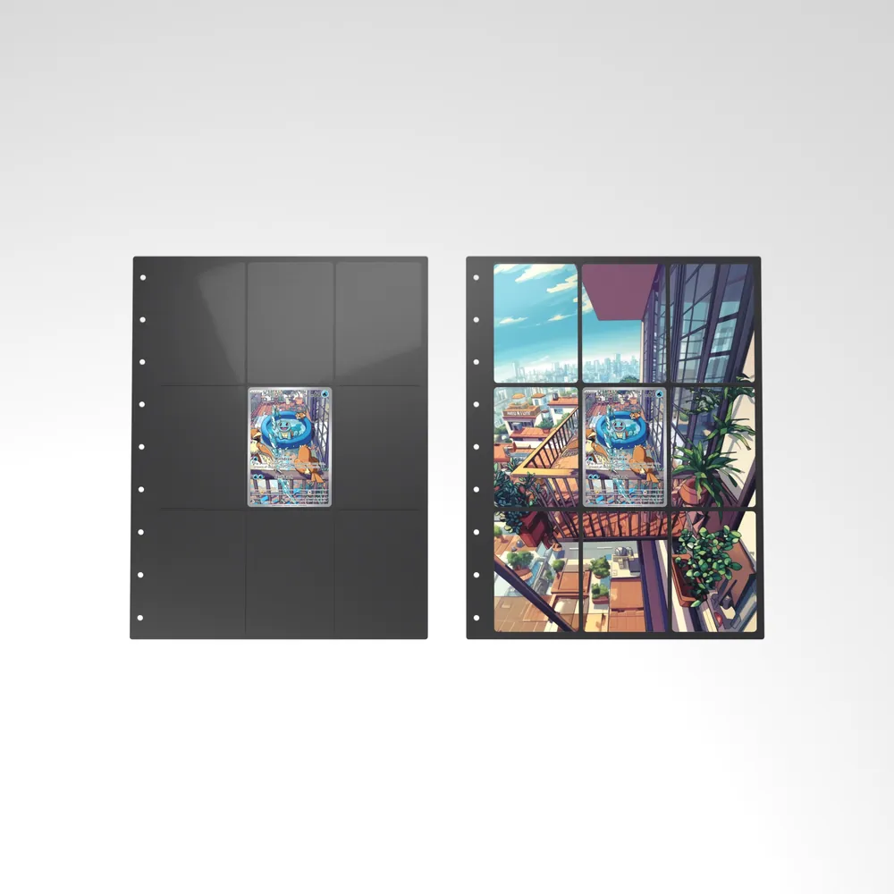 Before and after: the Squirtle card alone in an empty binder page, then surrounded by its eight extended-art cards