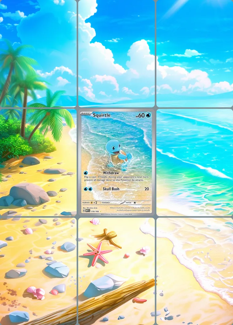 Squirtle 170/165 extended binder art: the card in the centre of a 3×3 binder page, its artwork continuing across the eight cards around it