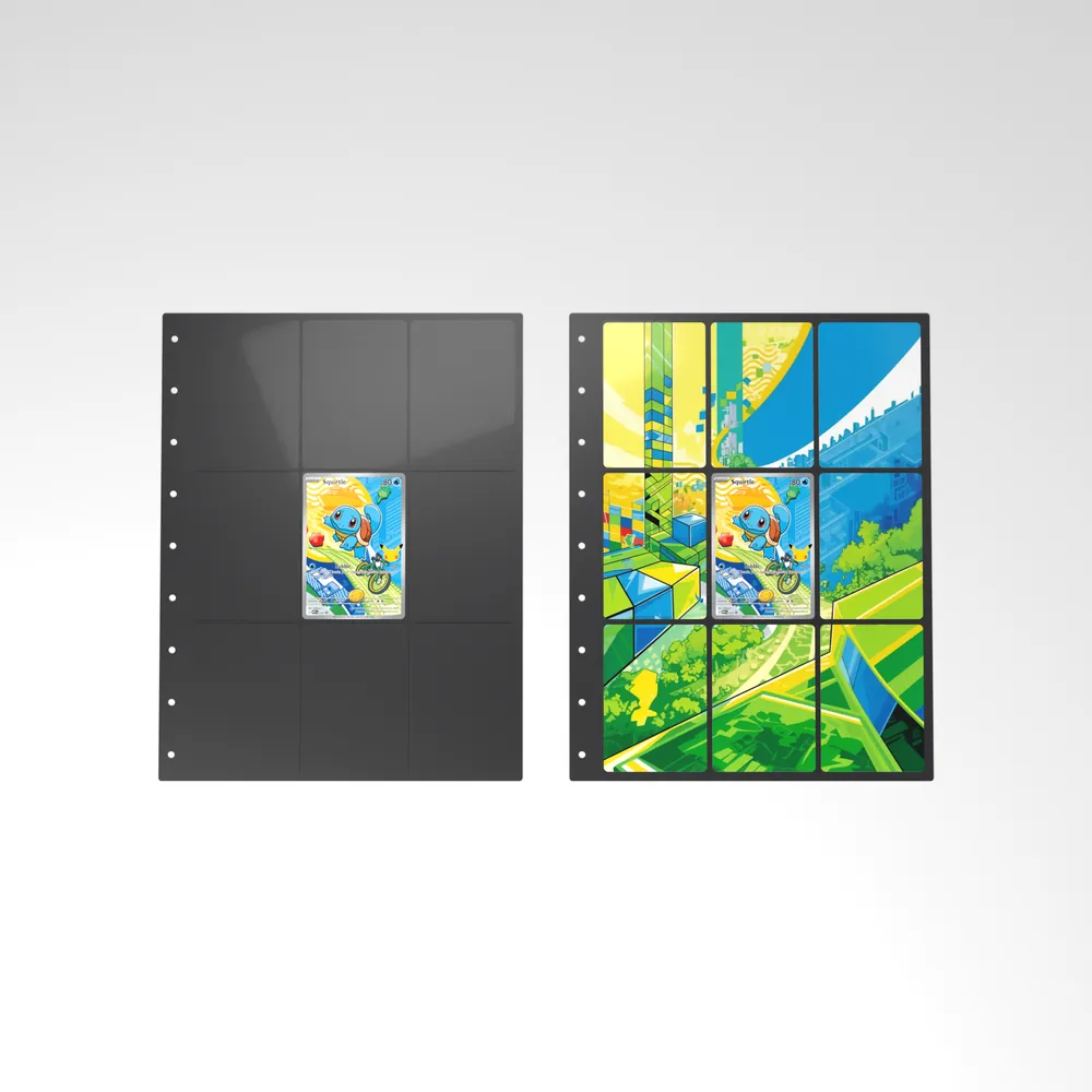 Before and after: the Squirtle card alone in an empty binder page, then surrounded by its eight extended-art cards