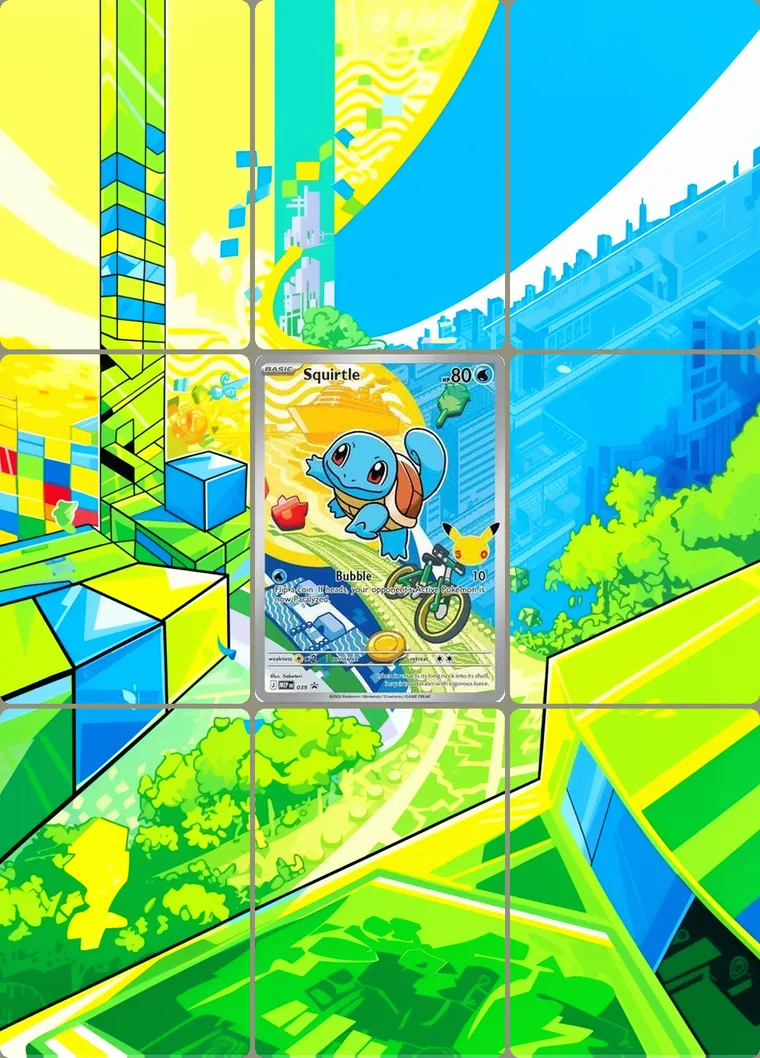 Squirtle 39 extended binder art: the card in the centre of a 3×3 binder page, its artwork continuing across the eight cards around it