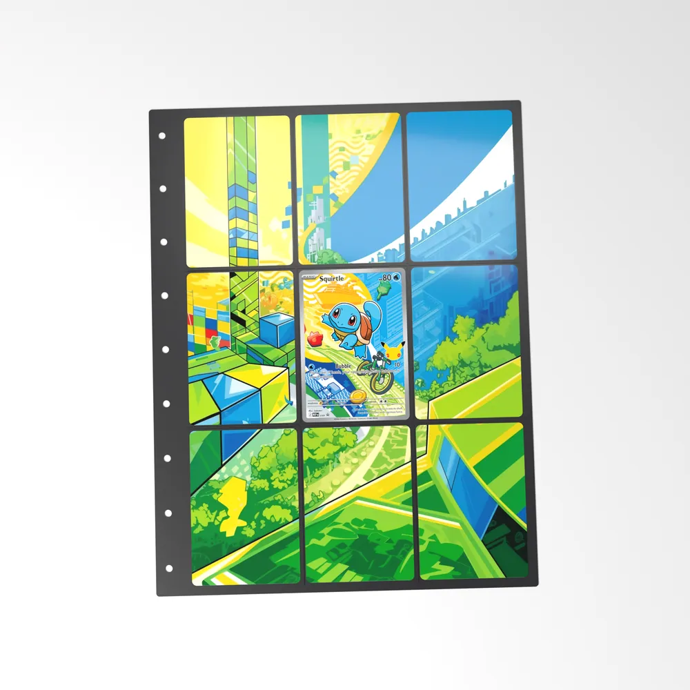 The printed Squirtle 39 set in a 9-pocket binder page, with the card in the centre pocket