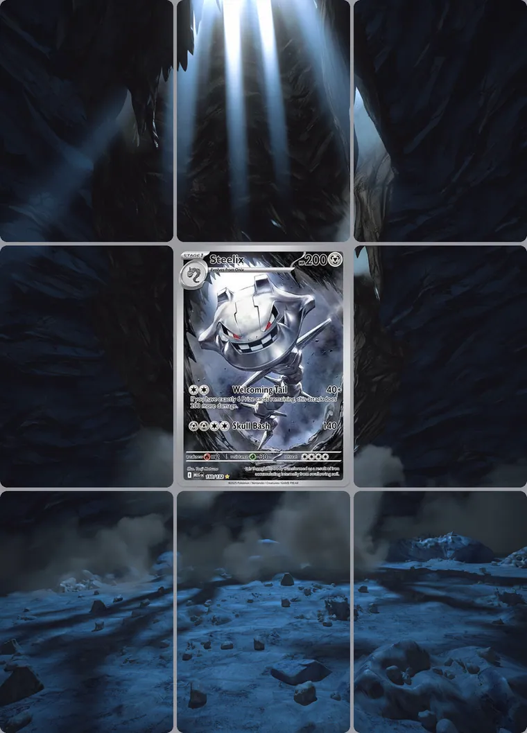 Steelix 150/132 extended binder art: the card in the centre of a 3×3 binder page, its artwork continuing across the eight cards around it