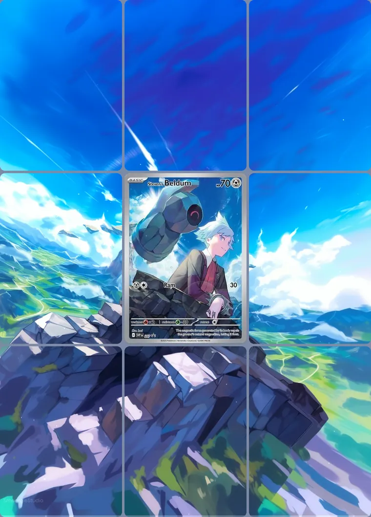 Steven's Beldum 207 extended binder art: the card in the centre of a 3×3 binder page, its artwork continuing across the eight cards around it