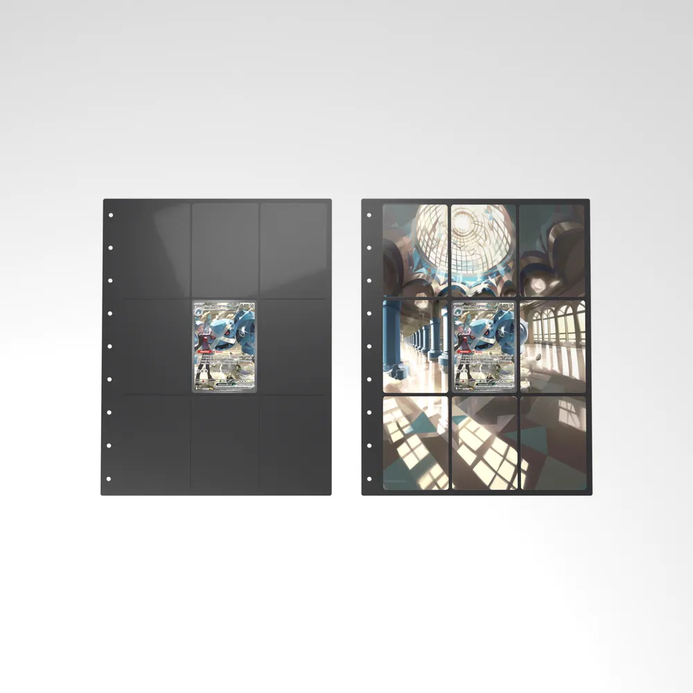 Before and after: the Steven's Metagross ex card alone in an empty binder page, then surrounded by its eight extended-art cards