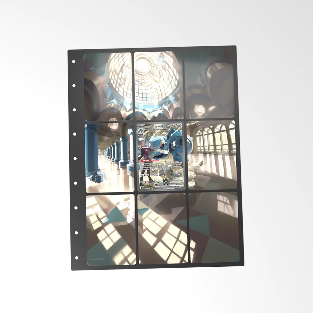 The printed Steven's Metagross ex 289/217 set in a 9-pocket binder page, with the card in the centre pocket