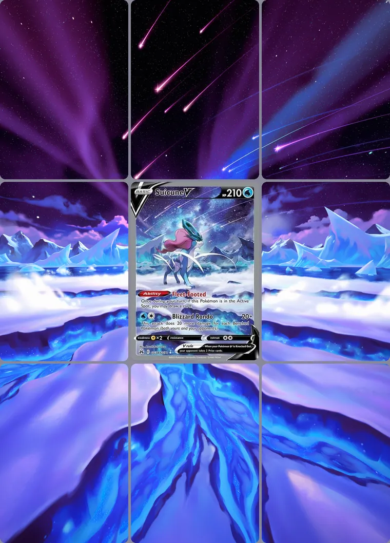 Suicune V GG38/GG70 extended binder art: the card in the centre of a 3×3 binder page, its artwork continuing across the eight cards around it
