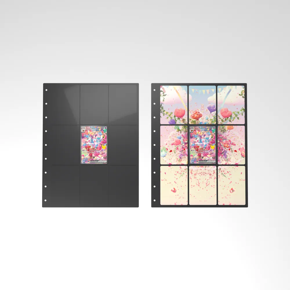 Before and after: the Sylveon ex card alone in an empty binder page, then surrounded by its eight extended-art cards