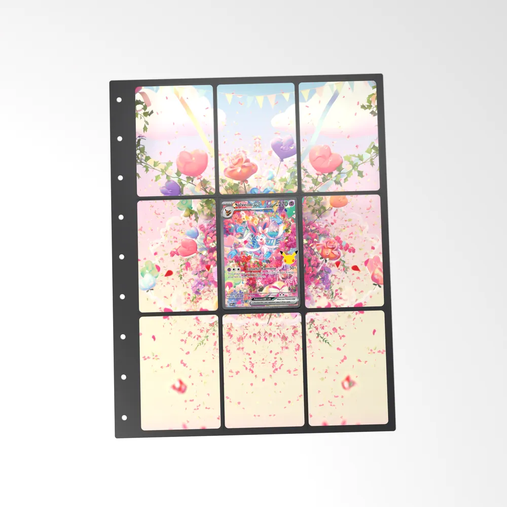 The printed Sylveon ex 153/128 set in a 9-pocket binder page, with the card in the centre pocket