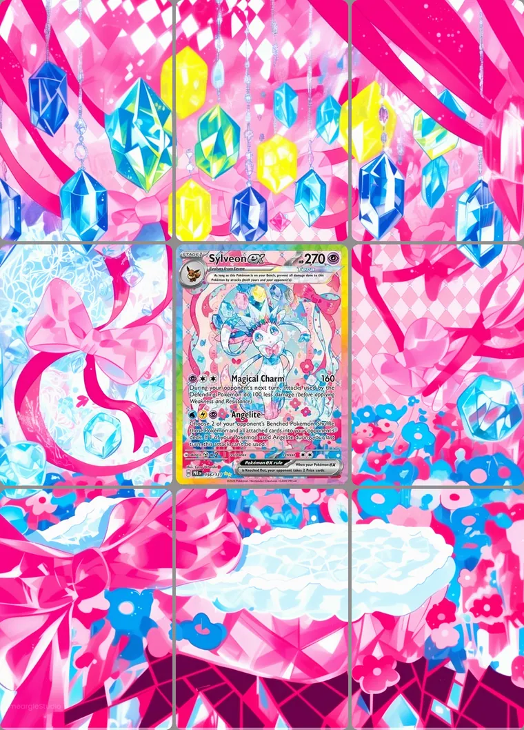Sylveon ex 156/131 extended binder art: the card in the centre of a 3×3 binder page, its artwork continuing across the eight cards around it