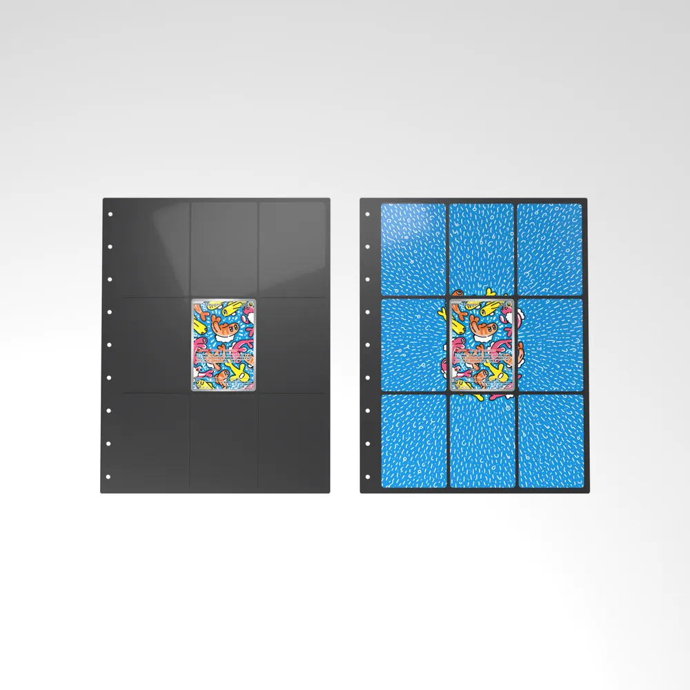 Before and after: the Tatsugiri card alone in an empty binder page, then surrounded by its eight extended-art cards