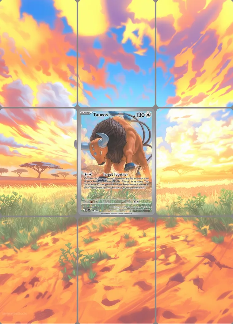 Tauros 96/86 extended binder art: the card in the centre of a 3×3 binder page, its artwork continuing across the eight cards around it