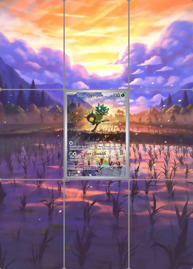Teal Mask Ogerpon 123/215 extended binder art: the card in the centre of a 3×3 binder page, its artwork continuing across the eight cards around it
