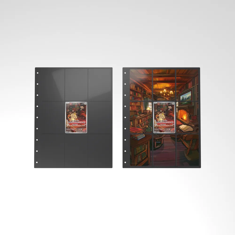 Before and after: the Team Rocket's Meowth card alone in an empty binder page, then surrounded by its eight extended-art cards