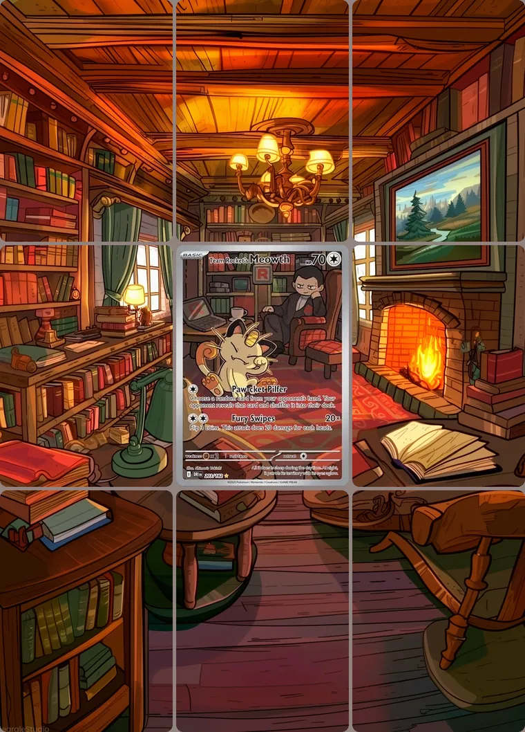 Team Rocket's Meowth 203/182 extended binder art: the card in the centre of a 3×3 binder page, its artwork continuing across the eight cards around it