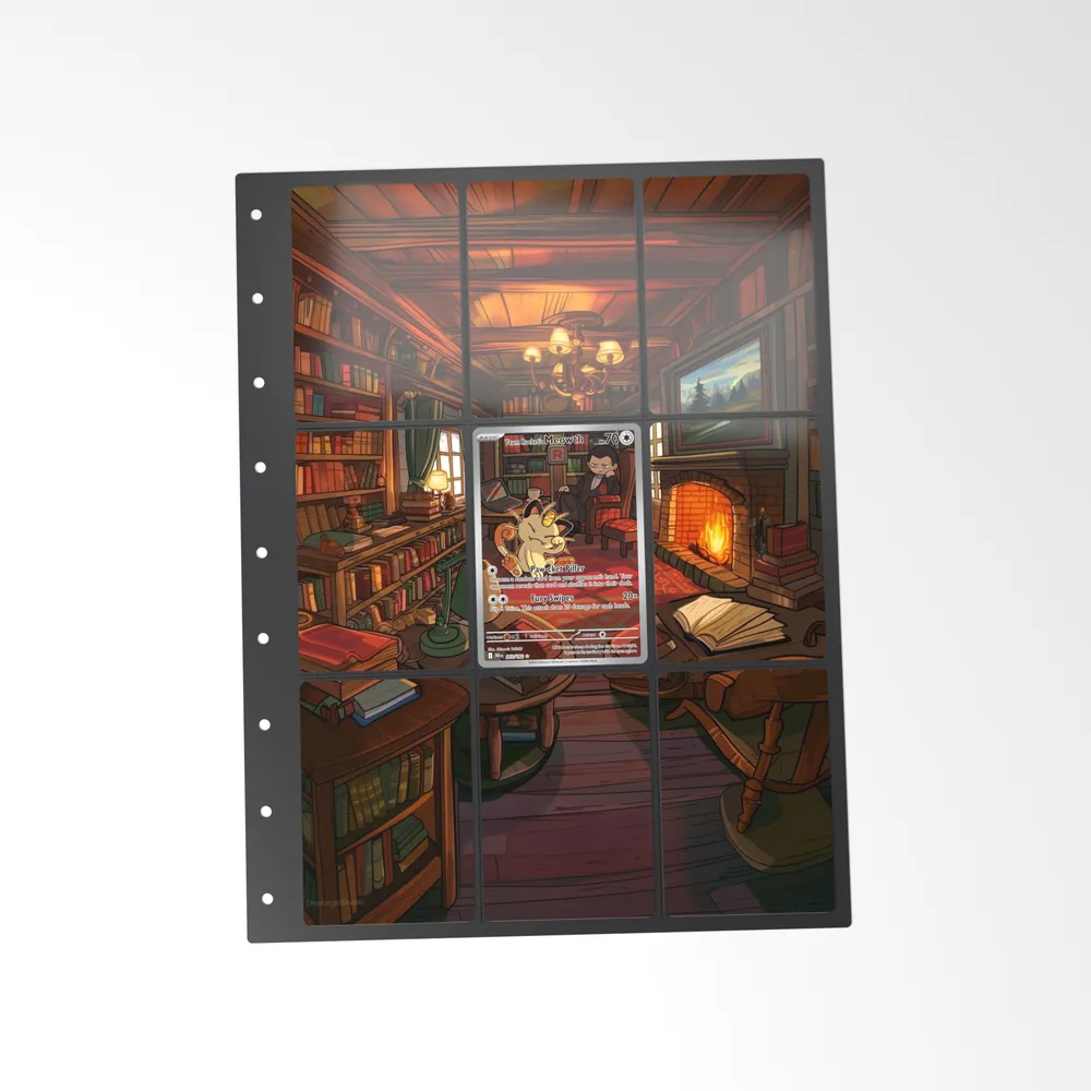 The printed Team Rocket's Meowth 203/182 set in a 9-pocket binder page, with the card in the centre pocket