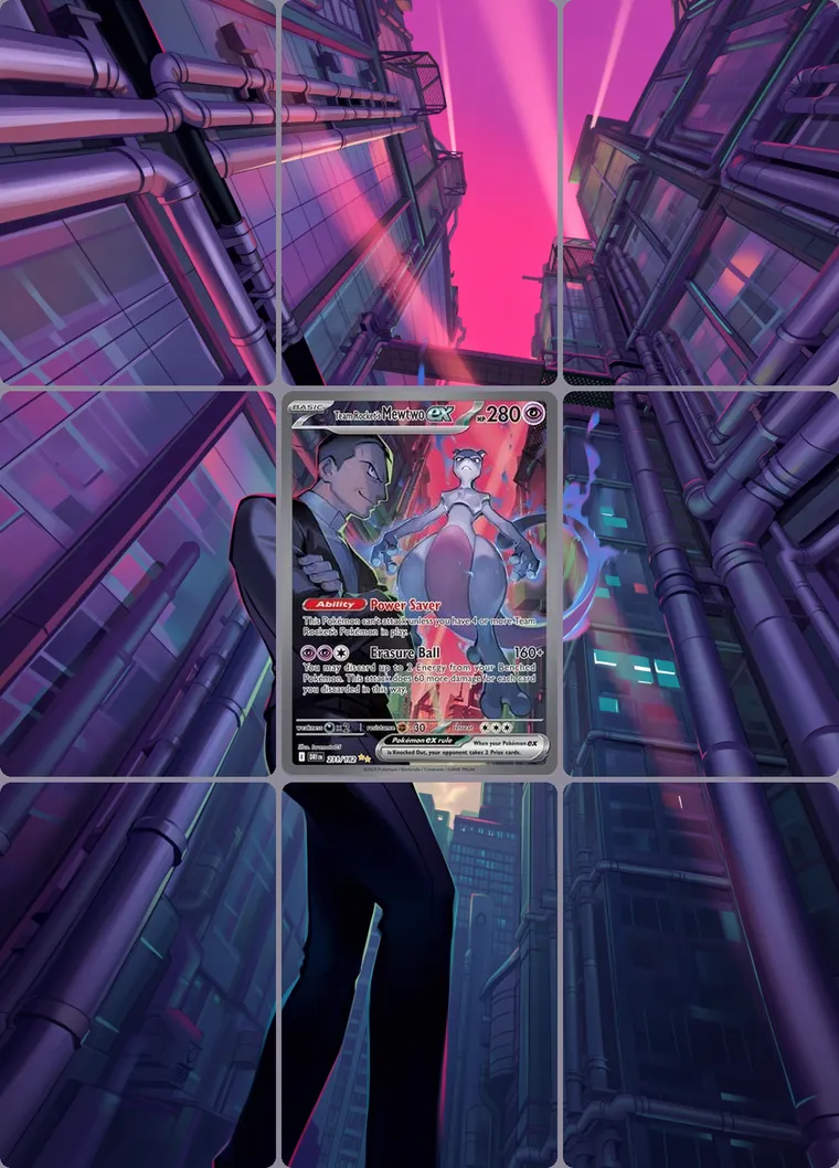 Team Rocket's Mewtwo ex 231/182 extended binder art: the card in the centre of a 3×3 binder page, its artwork continuing across the eight cards around it