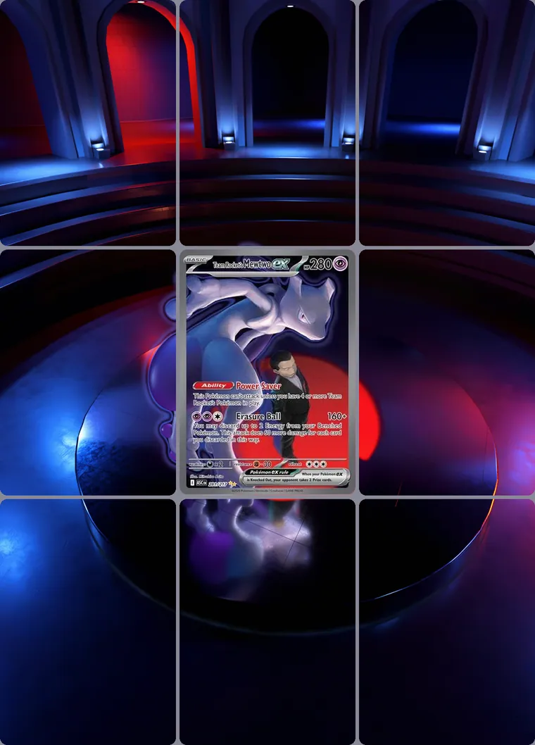 Team Rocket's Mewtwo ex 281/217 extended binder art: the card in the centre of a 3×3 binder page, its artwork continuing across the eight cards around it