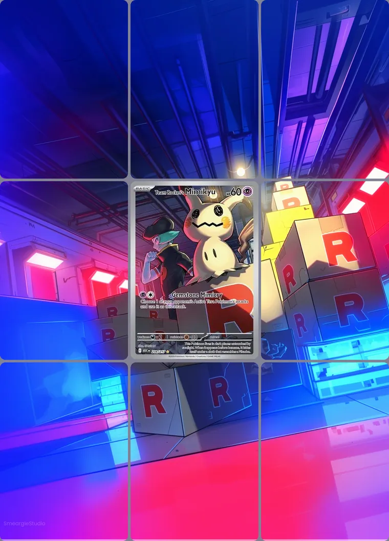 Team Rocket's Mimikyu 238/217 extended binder art: the card in the centre of a 3×3 binder page, its artwork continuing across the eight cards around it