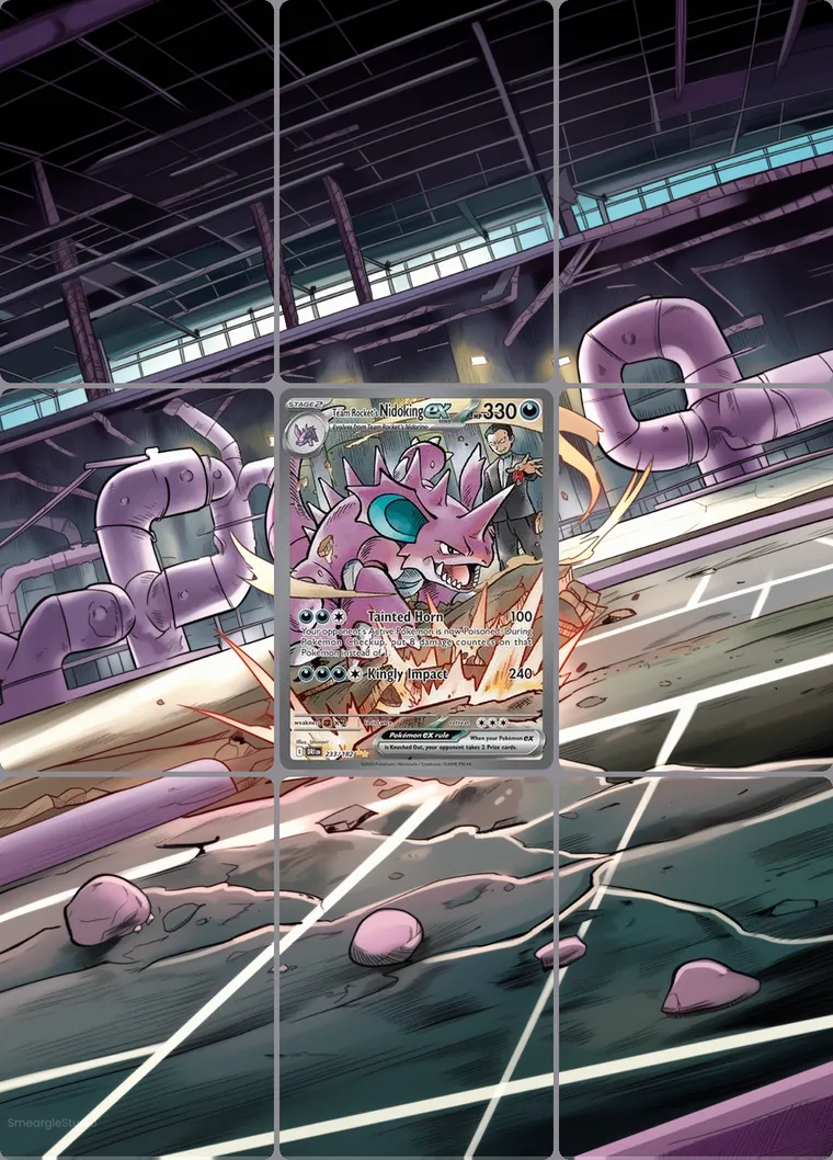 Team Rocket's Nidoking ex 233/182 extended binder art: the card in the centre of a 3×3 binder page, its artwork continuing across the eight cards around it