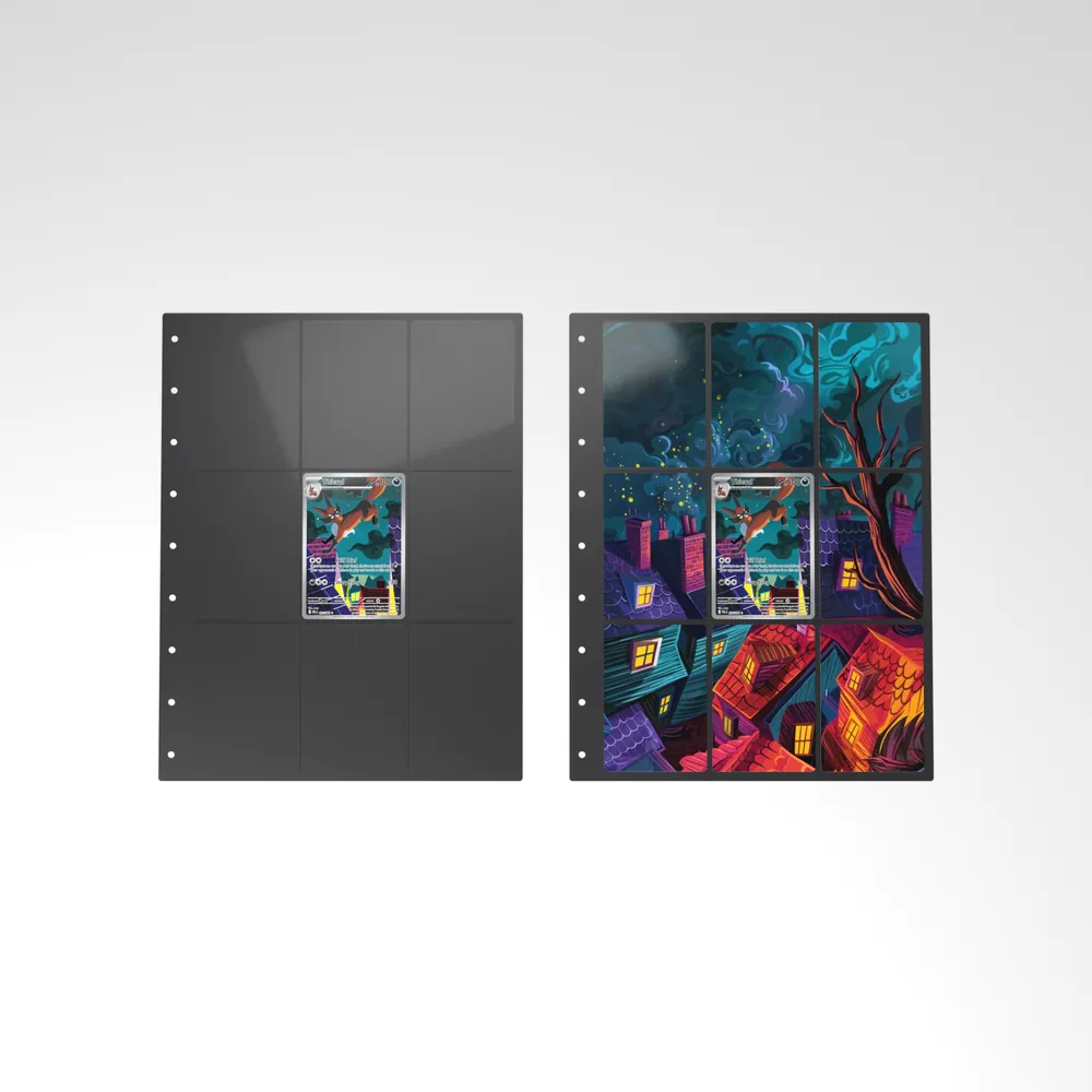 Before and after: the Thievul card alone in an empty binder page, then surrounded by its eight extended-art cards