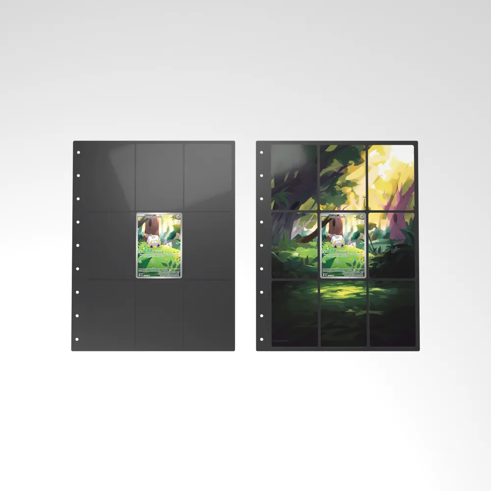 Before and after: the Togedemaru card alone in an empty binder page, then surrounded by its eight extended-art cards
