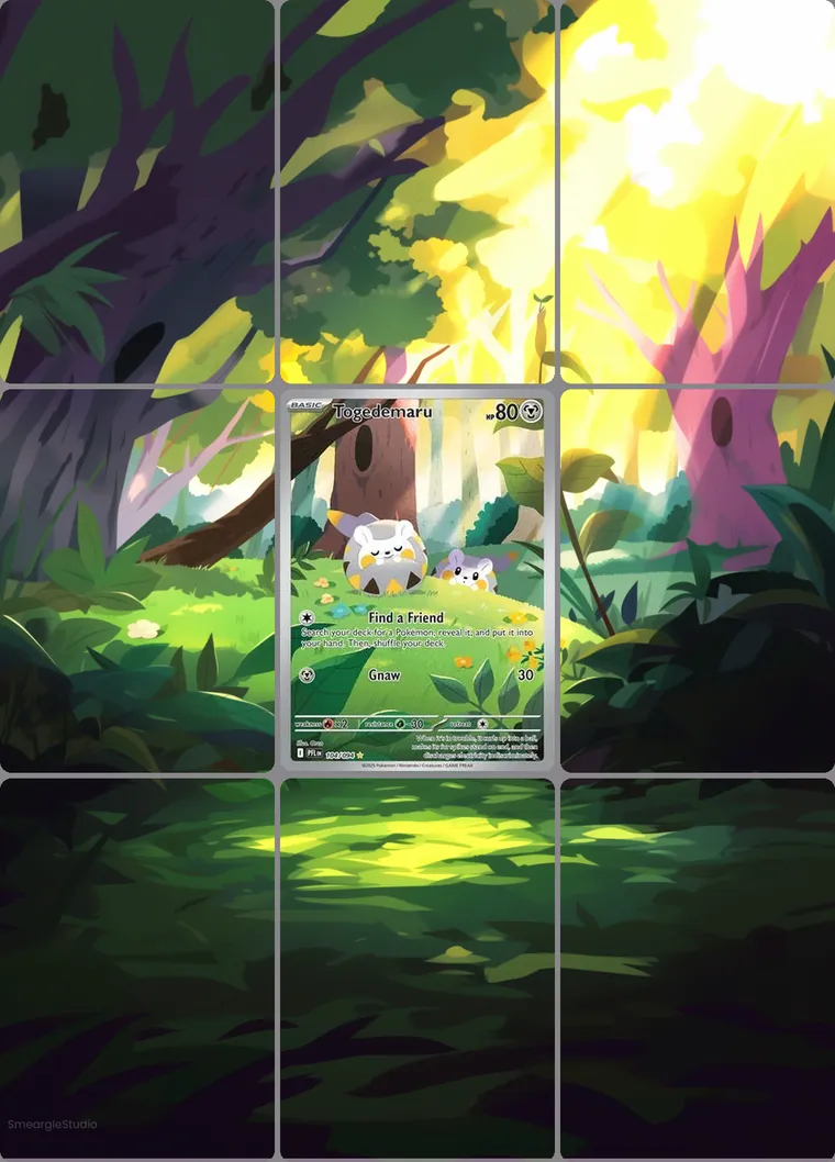 Togedemaru 104/94 extended binder art: the card in the centre of a 3×3 binder page, its artwork continuing across the eight cards around it