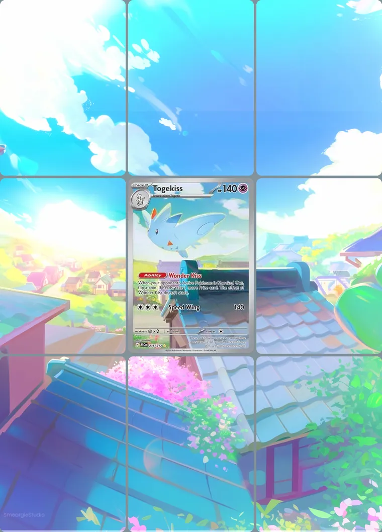 Togekiss 235/217 extended binder art: the card in the centre of a 3×3 binder page, its artwork continuing across the eight cards around it