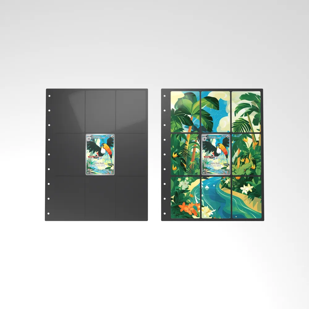 Before and after: the Toucannon card alone in an empty binder page, then surrounded by its eight extended-art cards