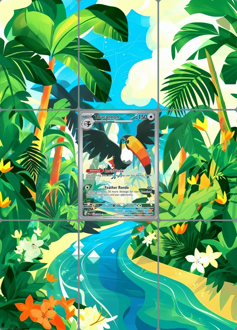 Toucannon 94/84 extended binder art: the card in the centre of a 3×3 binder page, its artwork continuing across the eight cards around it