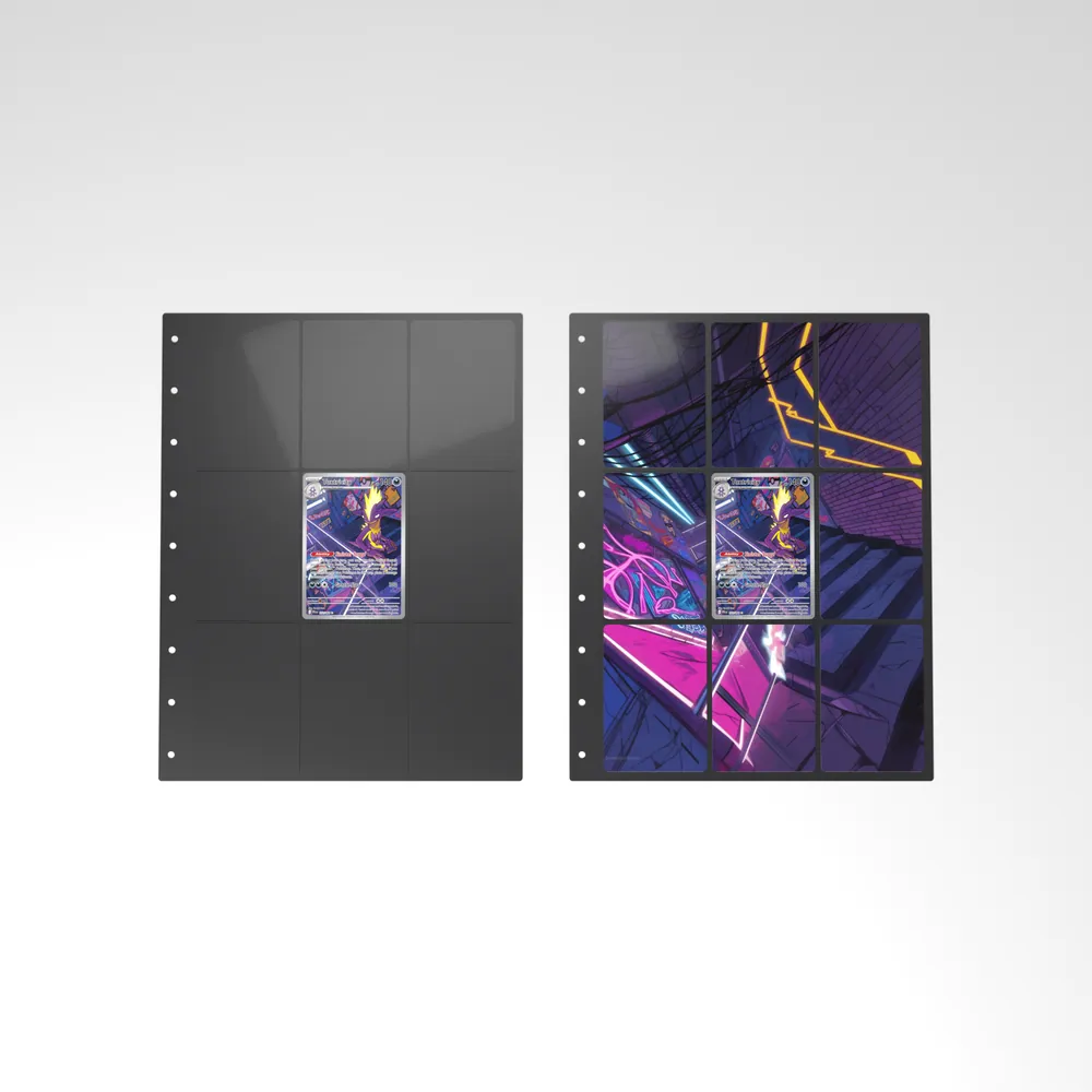 Before and after: the Toxtricity card alone in an empty binder page, then surrounded by its eight extended-art cards