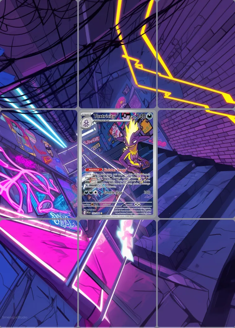 Toxtricity 103/94 extended binder art: the card in the centre of a 3×3 binder page, its artwork continuing across the eight cards around it