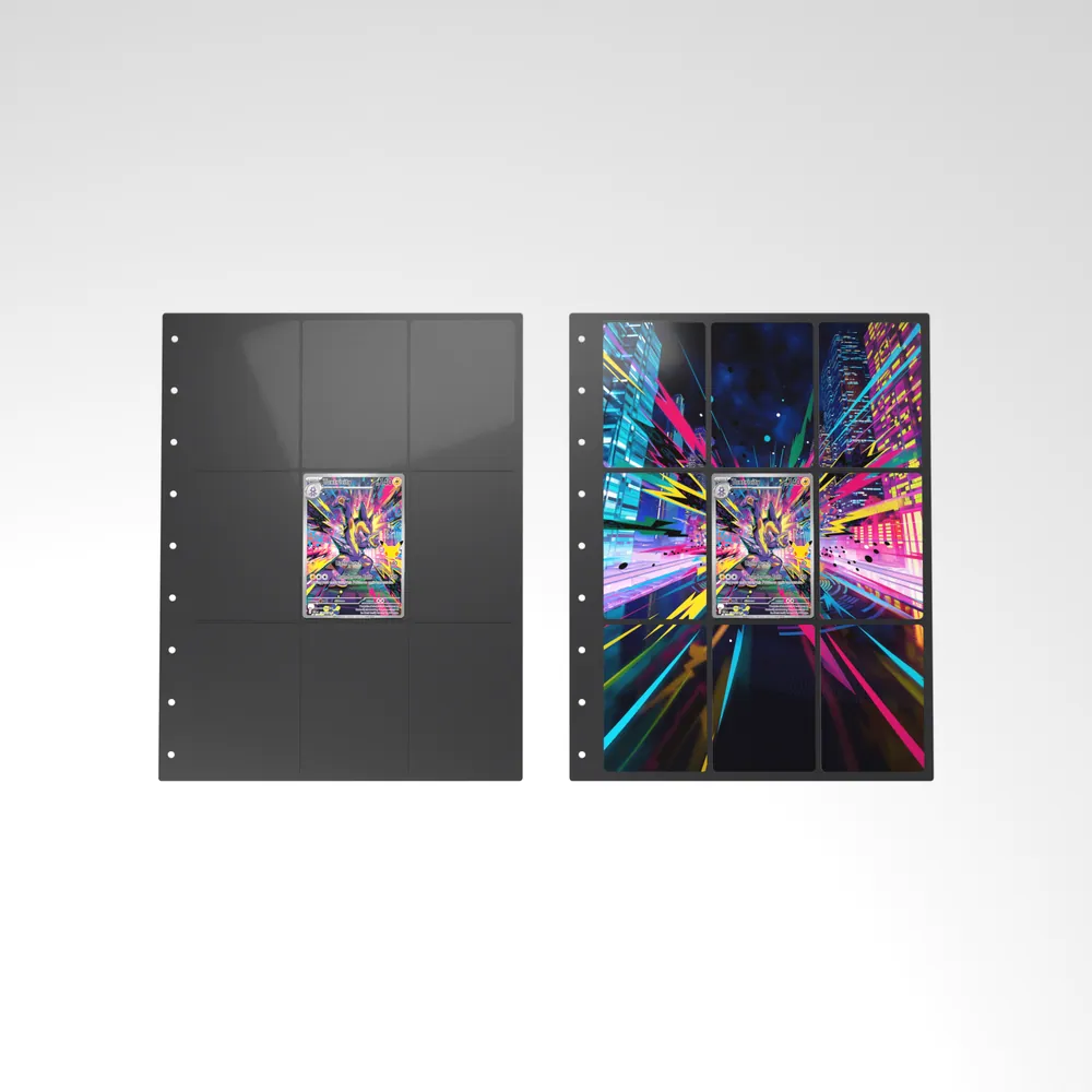 Before and after: the Toxtricity card alone in an empty binder page, then surrounded by its eight extended-art cards