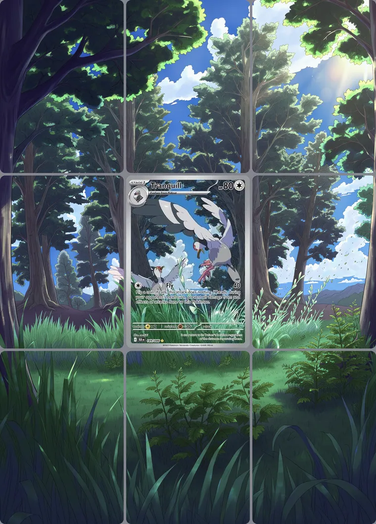 Tranquill 149 extended binder art: the card in the centre of a 3×3 binder page, its artwork continuing across the eight cards around it