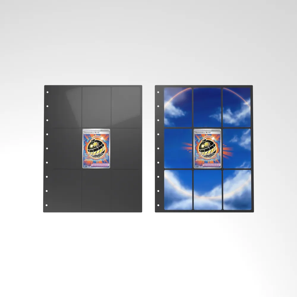 Before and after: the Tremendous Bomb card alone in an empty binder page, then surrounded by its eight extended-art cards